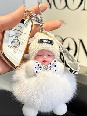 White Plush Baby Doll Pom-Pom Keychain with Knit Hat